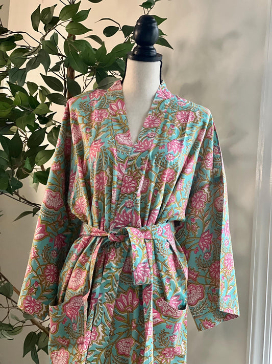 Blue Floral Hand Block Print Cotton Kimono Robe For Her