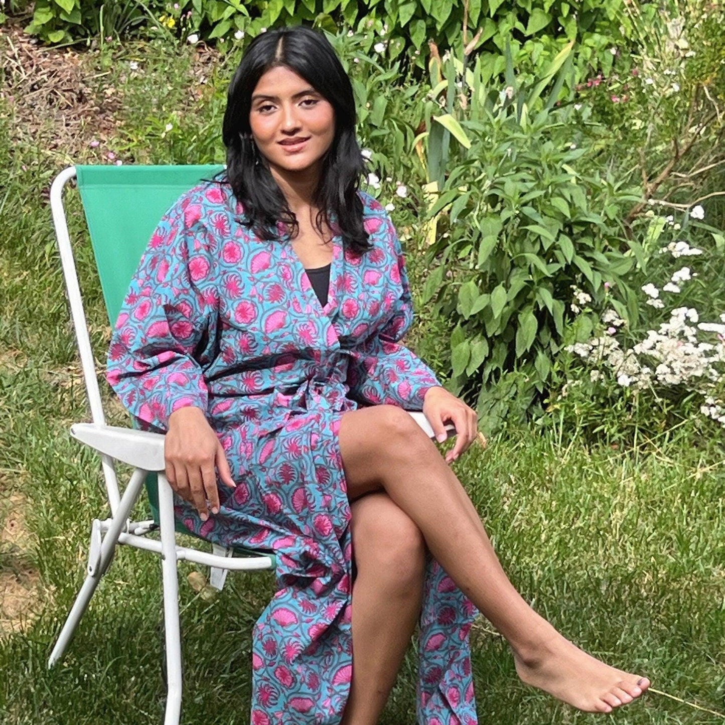 Black Floral Cotton Kimono Robe: Lightweight Beach Cover-Up