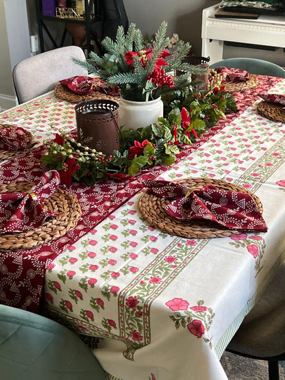 Red Floral Tablecloth, Block Print Cotton Table Linens