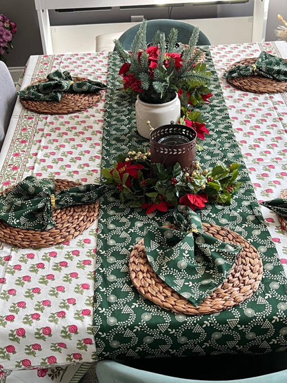 Red Floral Tablecloth, Block Print Cotton Table Linens