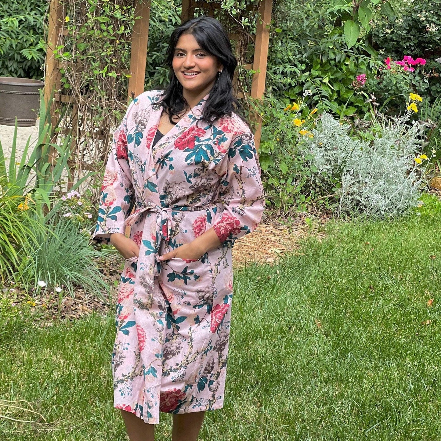 Pink Floral Cotton Kimono Robe: Lightweight Summer Beach Coverup