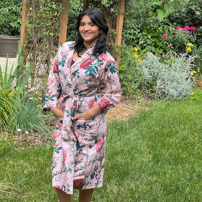 Pink Floral Cotton Kimono Robe: Lightweight Summer Beach Coverup