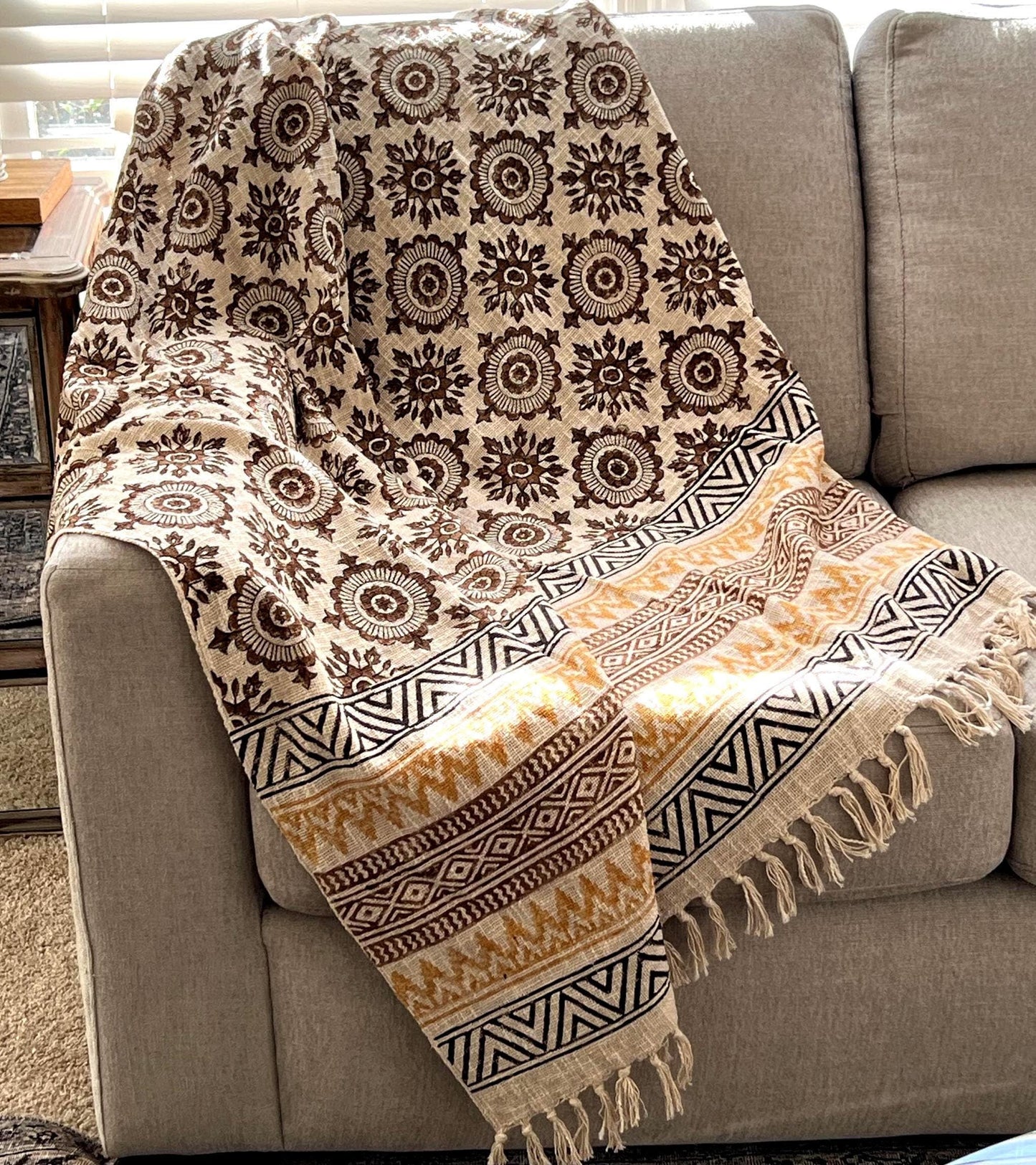 Handmade Floral Block Print Throw Blanket: Boho Tassel Cotton Sofa Decor