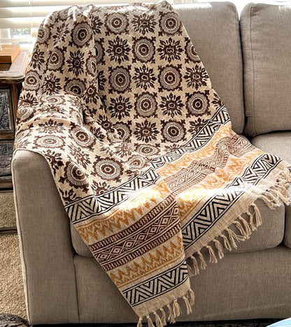 Handmade Floral Block Print Throw Blanket: Boho Tassel Cotton Sofa Decor