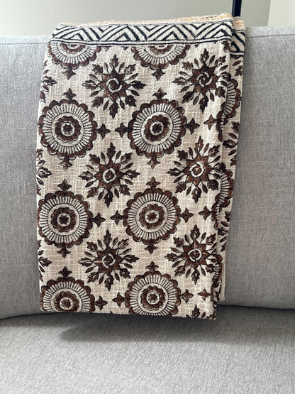 Handmade Floral Block Print Throw Blanket: Boho Tassel Cotton Sofa Decor