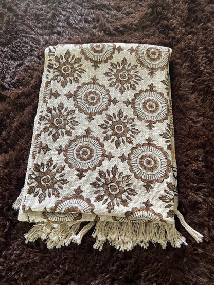 Handmade Floral Block Print Throw Blanket: Boho Tassel Cotton Sofa Decor