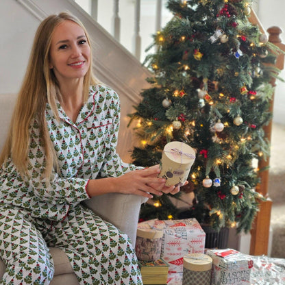 Christmas Tree Cotton Pajama Set,  Floral Print Loungewear, Holiday Print
