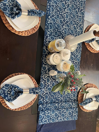 Indigo Blue Floral Table Runner: Hand Block Print Cotton Tablecloth