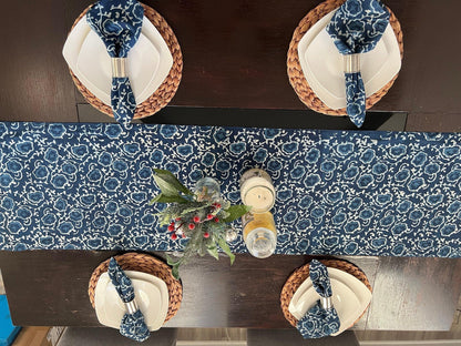 Indigo Blue Floral Table Runner: Hand Block Print Cotton Tablecloth