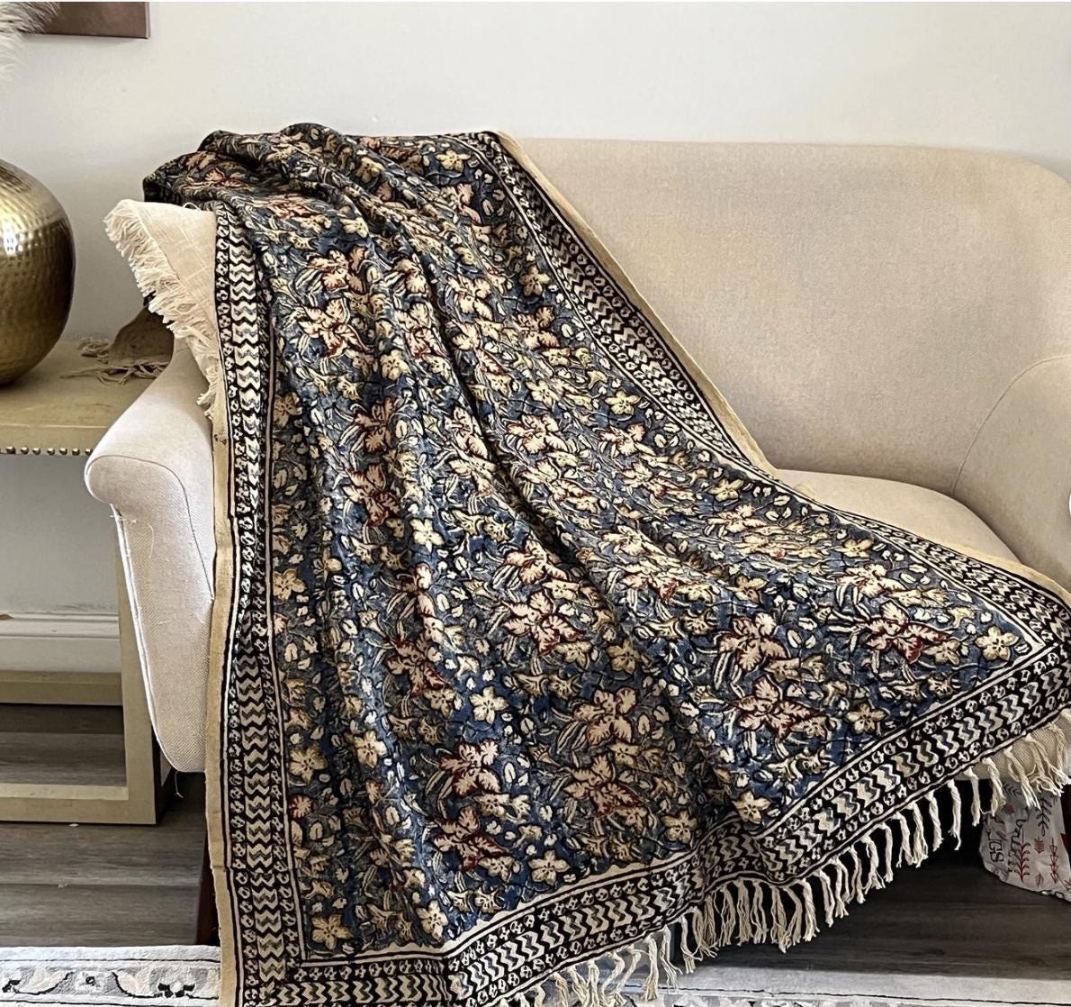Handmade Moss Green Cotton Throw Blanket, Vintage Floral Block Print (50x70)