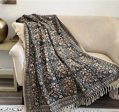 Handmade Moss Green Cotton Throw Blanket, Vintage Floral Block Print (50x70)