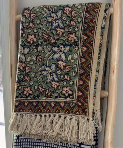 Handmade Moss Green Cotton Throw Blanket, Vintage Floral Block Print (50x70)