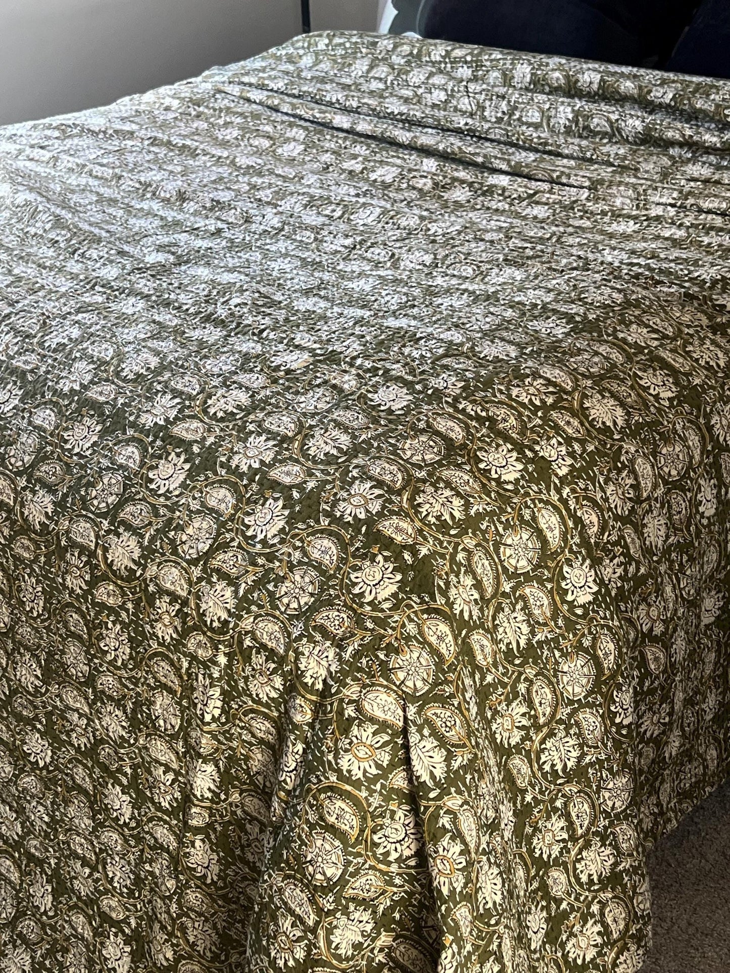 Green Cotton Kantha Quilt, Hand Block Print Coverlet