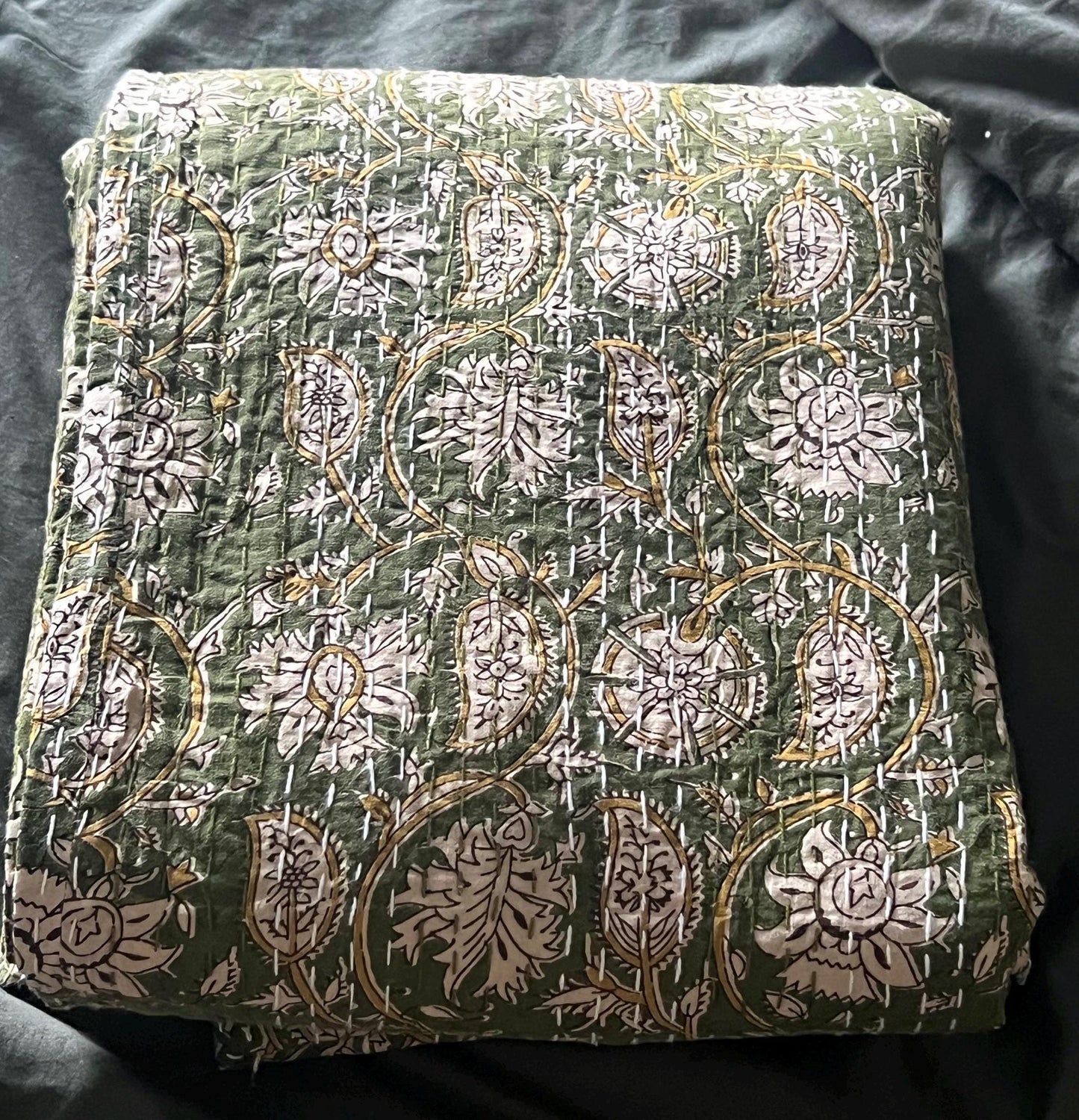 Green Cotton Kantha Quilt, Hand Block Print Coverlet