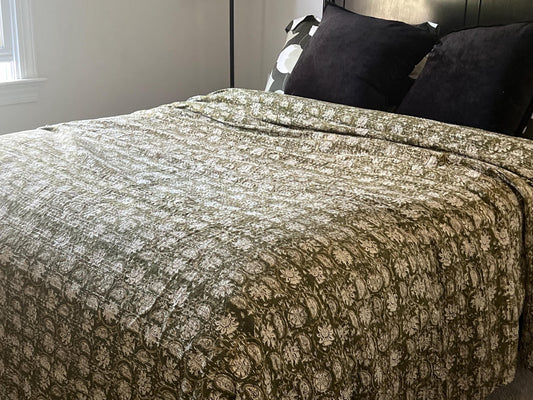 Green Cotton Kantha Quilt, Hand Block Printed Coverlet