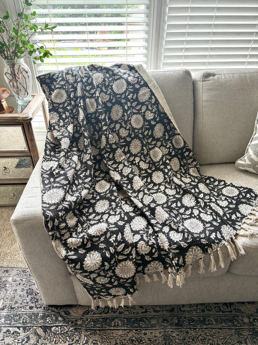 Handmade Block Print Floral Throw Blanket: Cotton Woven Blanket with Tassels
