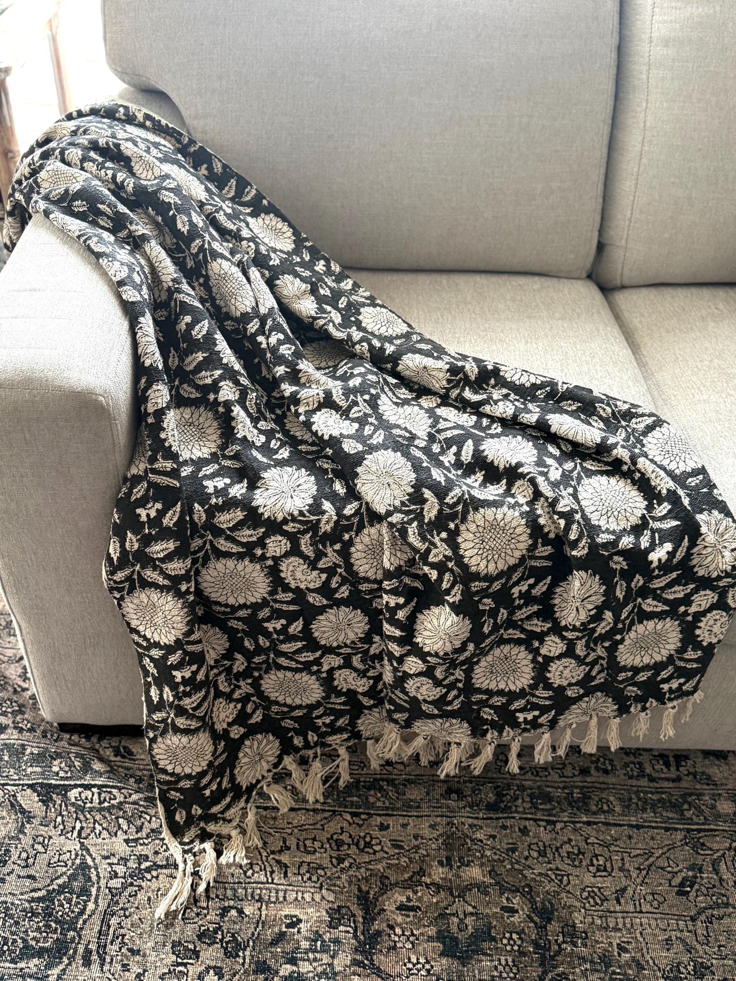Handmade Block Print Floral Throw Blanket: Cotton Woven Blanket with Tassels