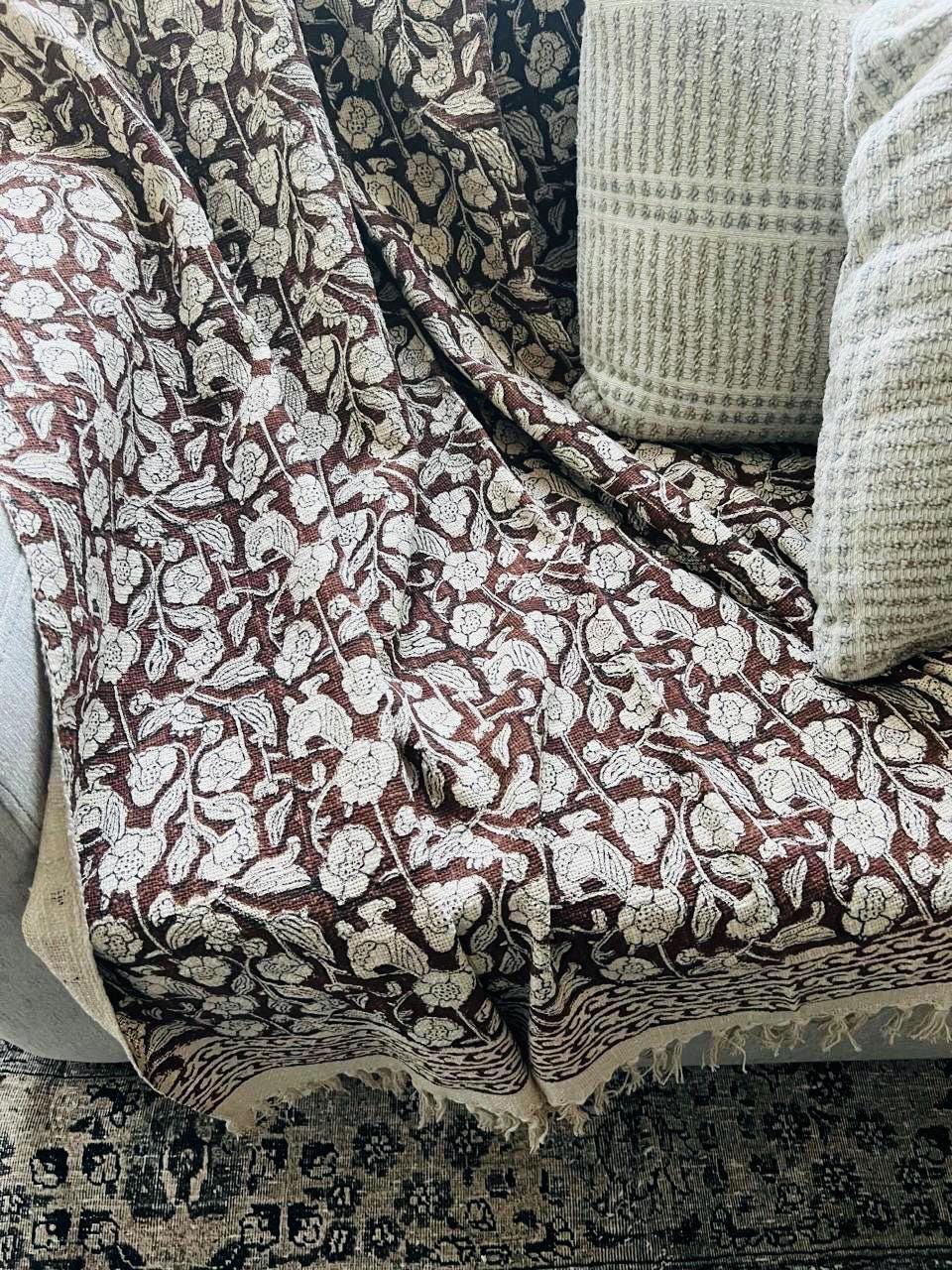 Hand Block Print Cotton Throw Blanket: Brown Floral with Tassels