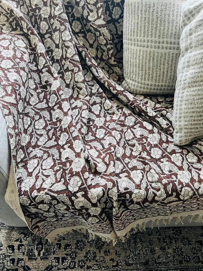 Hand Block Print Cotton Throw Blanket: Brown Floral with Tassels