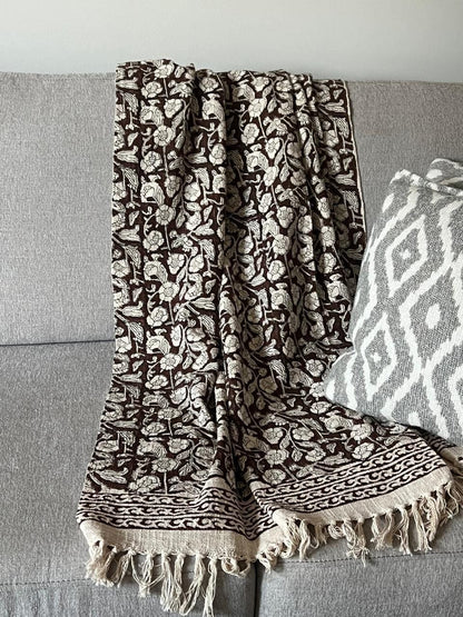 Hand Block Print Cotton Throw Blanket: Brown Floral with Tassels