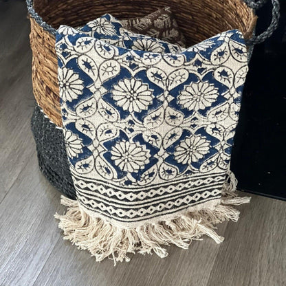 Blue Floral Block Print Cotton Throw Blanket: Boho Decor (50x70)