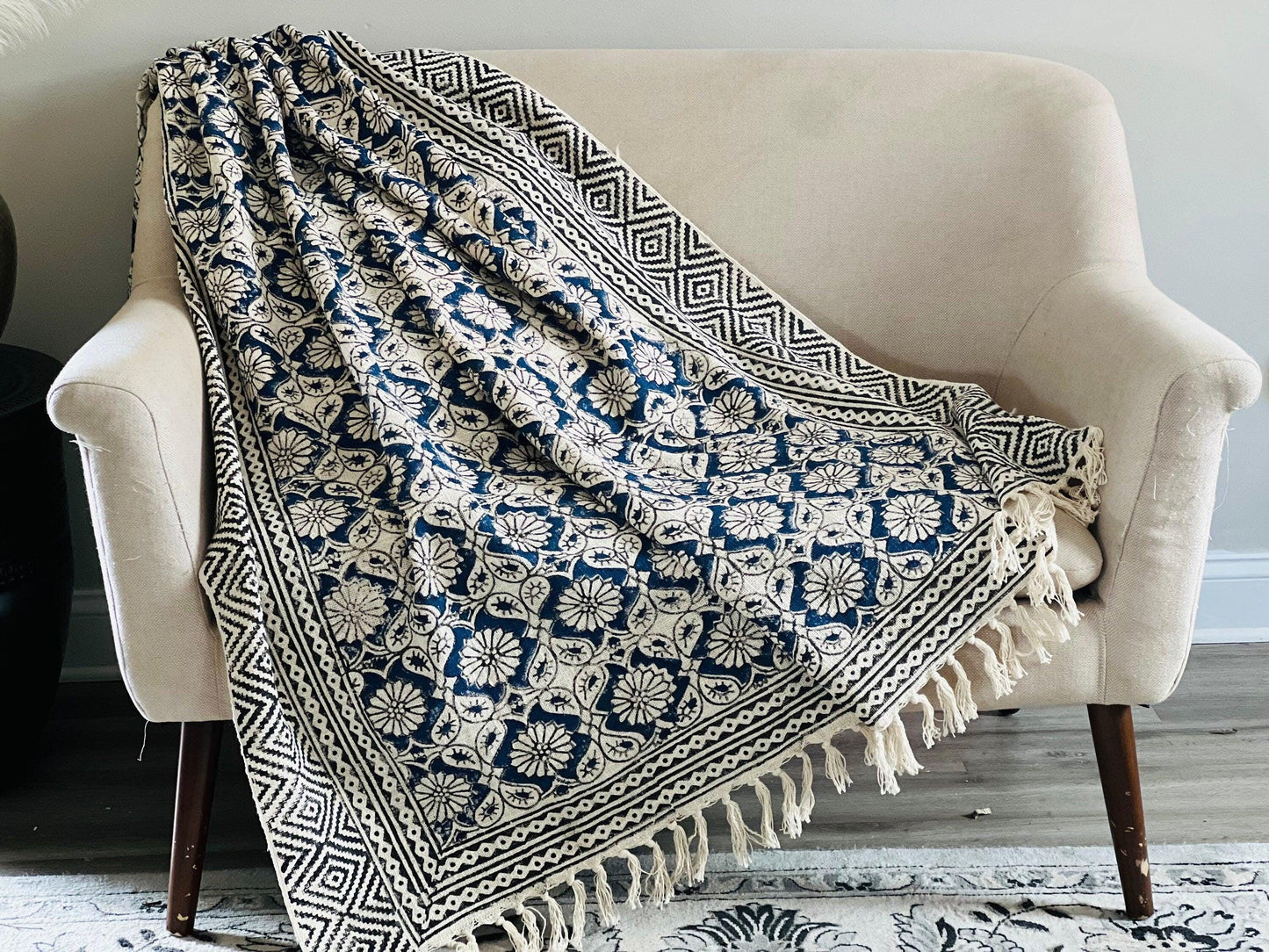 Blue Floral Block Print Cotton Throw Blanket: Boho Decor (50x70)