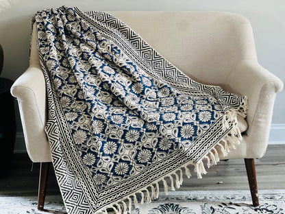 Blue Floral Block Print Cotton Throw Blanket: Boho Decor (50x70)