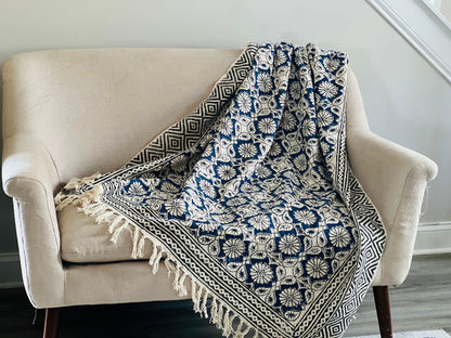 Blue Floral Block Print Cotton Throw Blanket: Boho Decor (50x70)