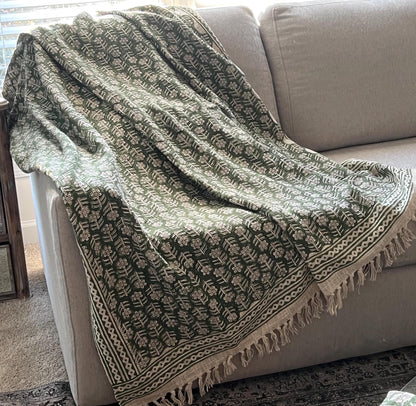 Green Floral Block Print Throw Blanket with Tassels