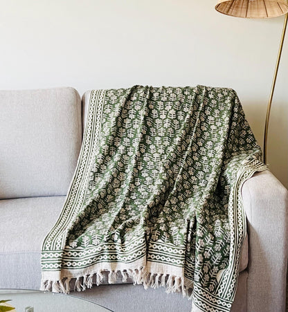 Green Floral Block Print Throw Blanket with Tassels