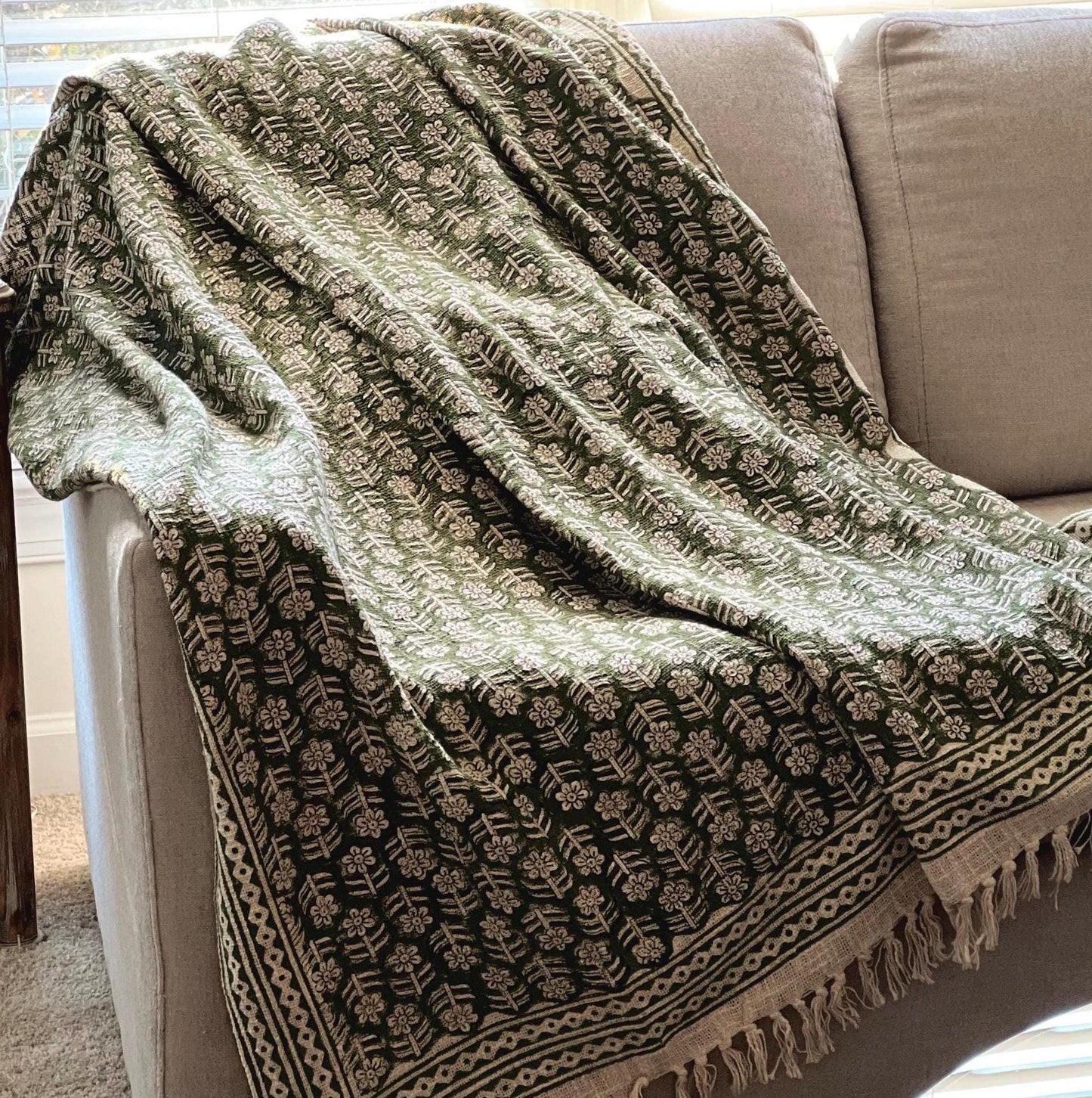 Green handmade India Bohemian floral cotton throw blanket tassel bed cover