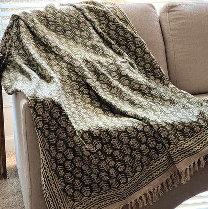 Green Floral Block Print Throw Blanket with Tassels
