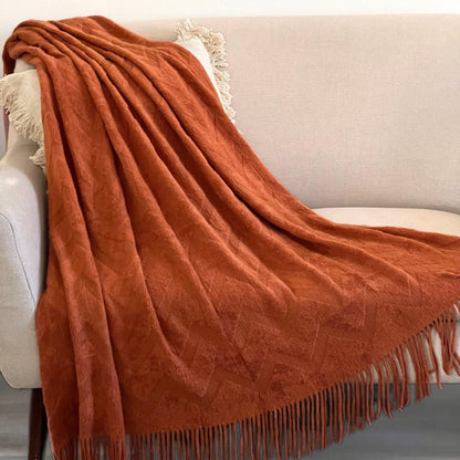 Burnt Orange Knit Throw Blanket, Rustic Nordic Fringe