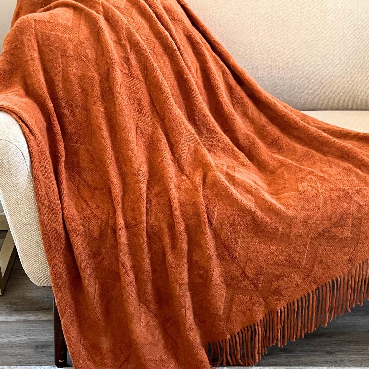 Burnt Orange Knit Throw Blanket, Rustic Nordic Fringe