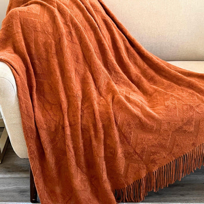 Soft Throw, Burnt Orange Knit Throw Blanket, Rustic Nordic Fringe