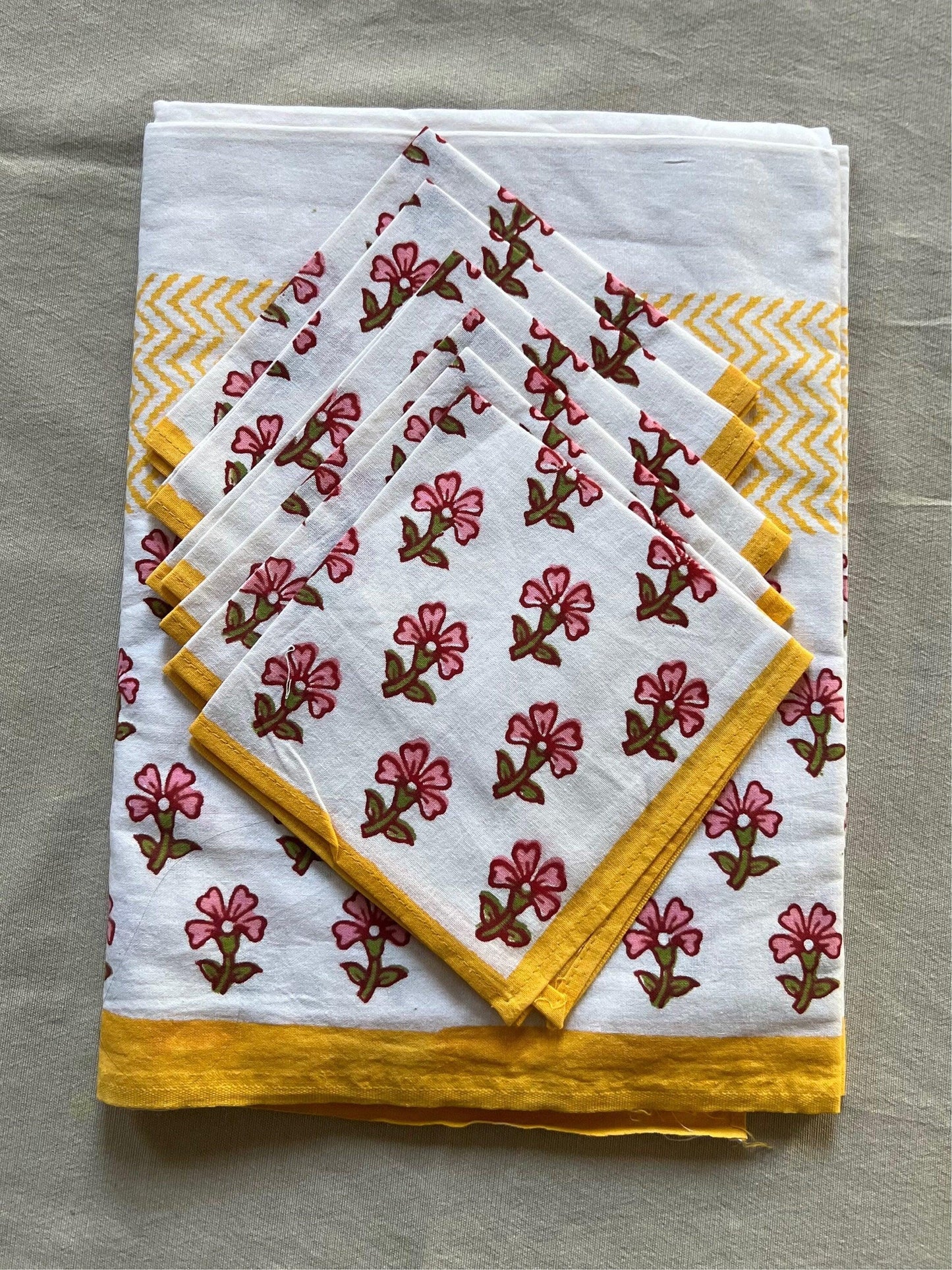 Yellow Floral Block Print Cotton Tablecloth - 60x90 Inches