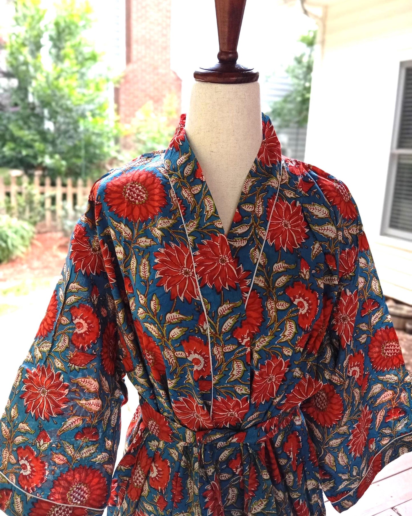 Red India Block Print Cotton Kimono Robe: Boho Floral Dressing Gown