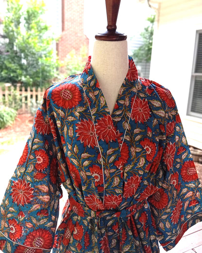 Block Print Cotton Kimono Robe, Indian Floral Robe