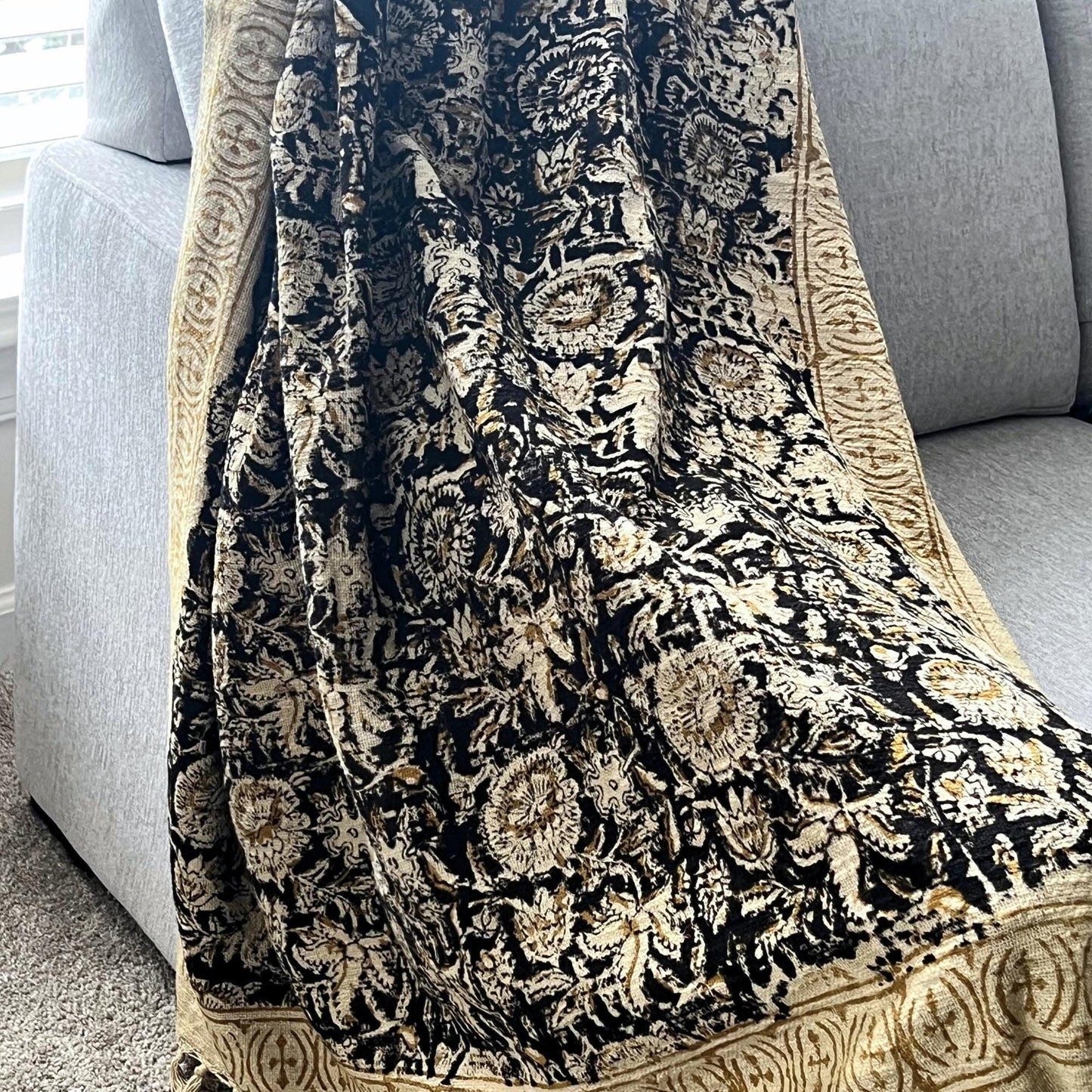Handmade Boho Throw Blanket: Hand Block Print Cotton with Tassels