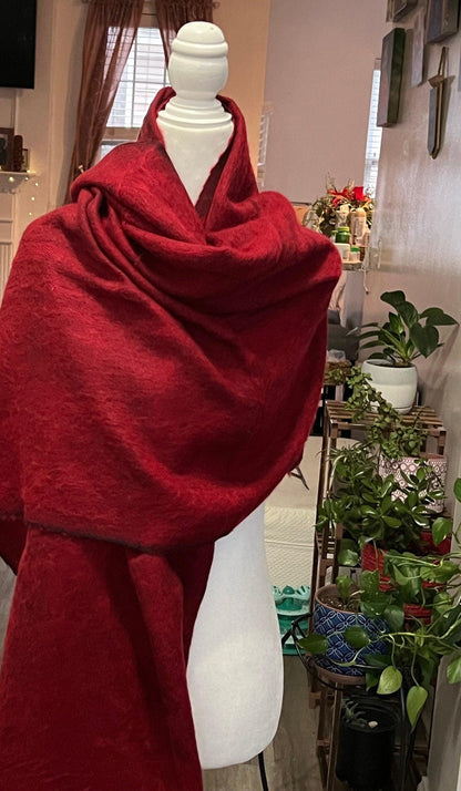 Red Yak Wool Scarf, Himalayan Hand Loomed Shawl