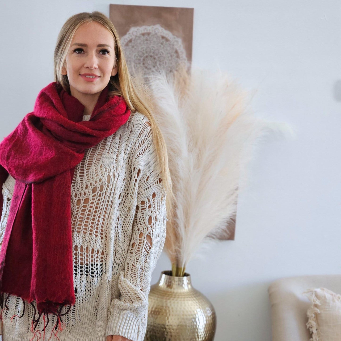 Red Yak Wool Scarf, Soft Warm Cozy Wrap, Women Fashion Scarf, Gift for Her