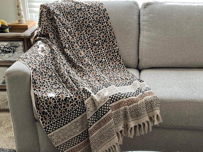 Handmade Block Print Cotton Throw Blanket: Boho Home Decor (50x70)