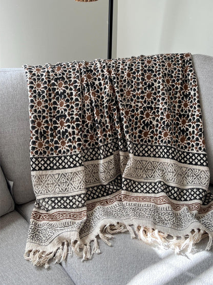 Handmade Block Print Cotton Throw Blanket: Boho Home Decor (50x70)