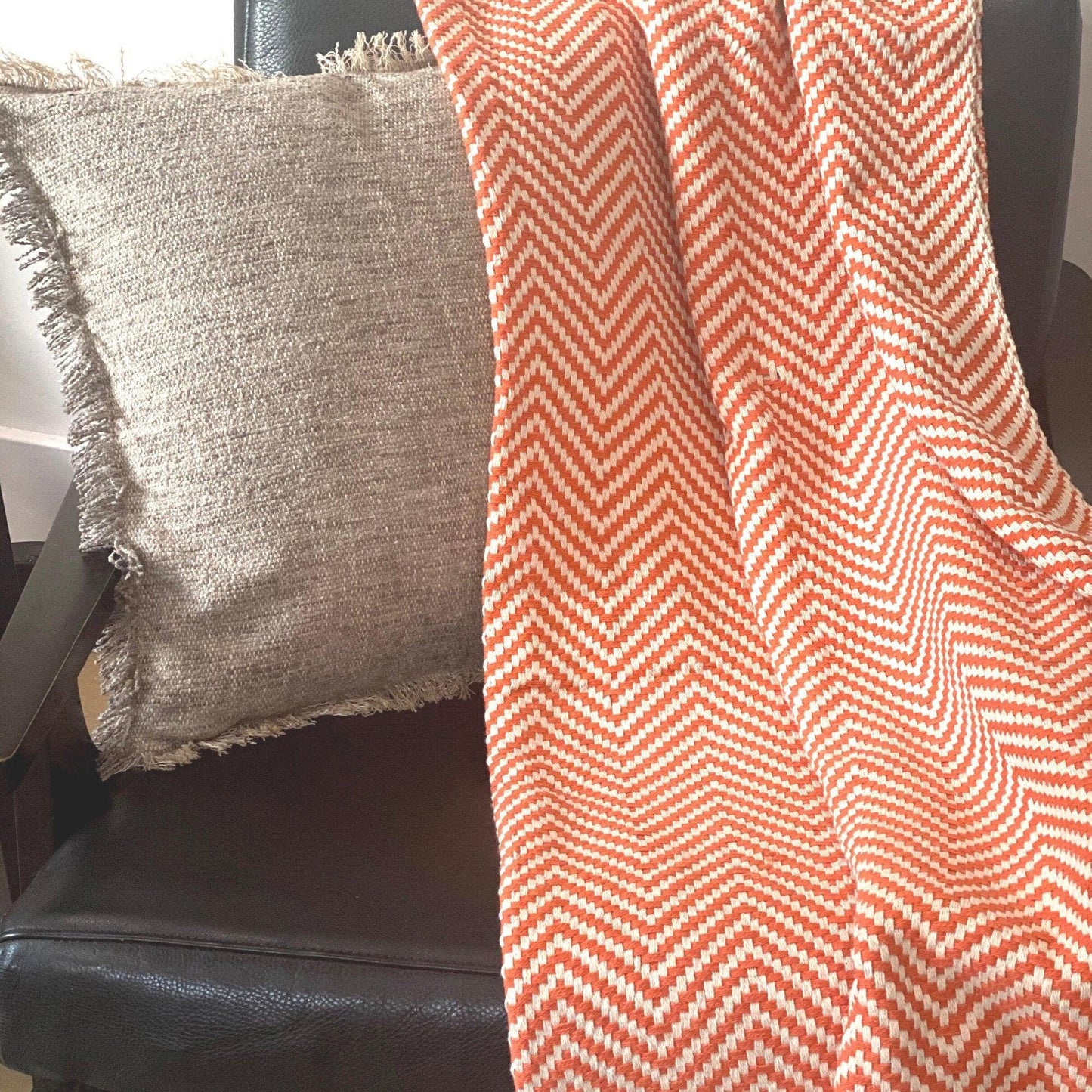 Hand Loomed Orange Chevron Throw Blanket, Boho Home Decor