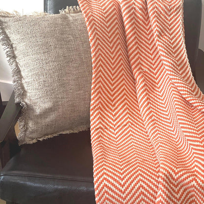 Hand Loomed Orange Chevron Throw Blanket, Boho Home Decor