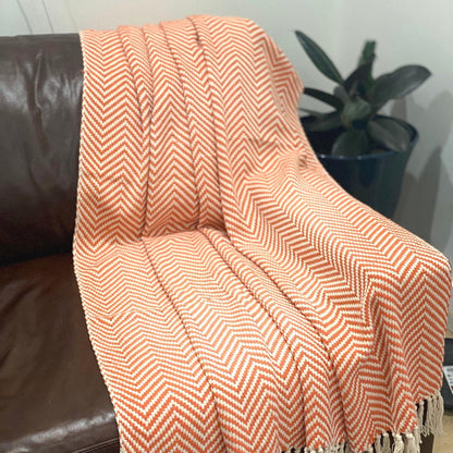Hand Loomed Orange Chevron Throw Blanket, Boho Home Decor