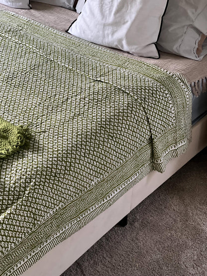 King Size Cotton Kantha Quilt: Floral Block Print Boho Throw