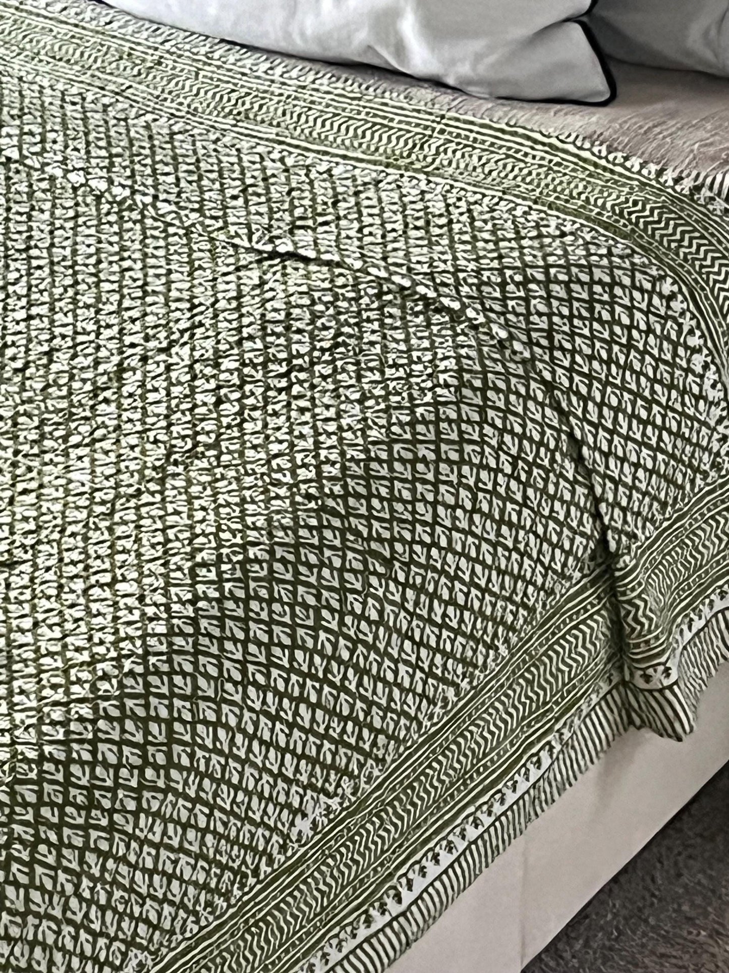 King Size Kantha Quilt, Reversible Cotton Bedcover, Block Print Floral