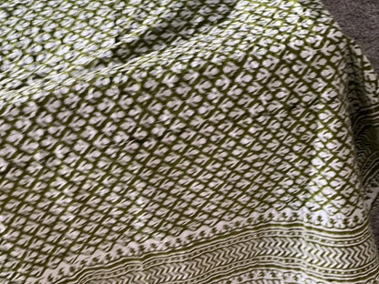 King Size Cotton Kantha Quilt: Floral Block Print Boho Throw