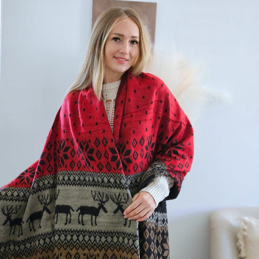 Handmade Yak Wool Reindeer Scarf: Himalayan Winter Shawl